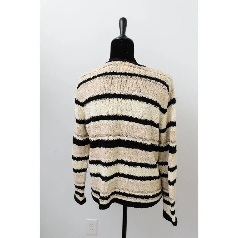 Vintage Talbots Hand-Knit Striped Cardigan Sweater L Black & Beige cruise resort